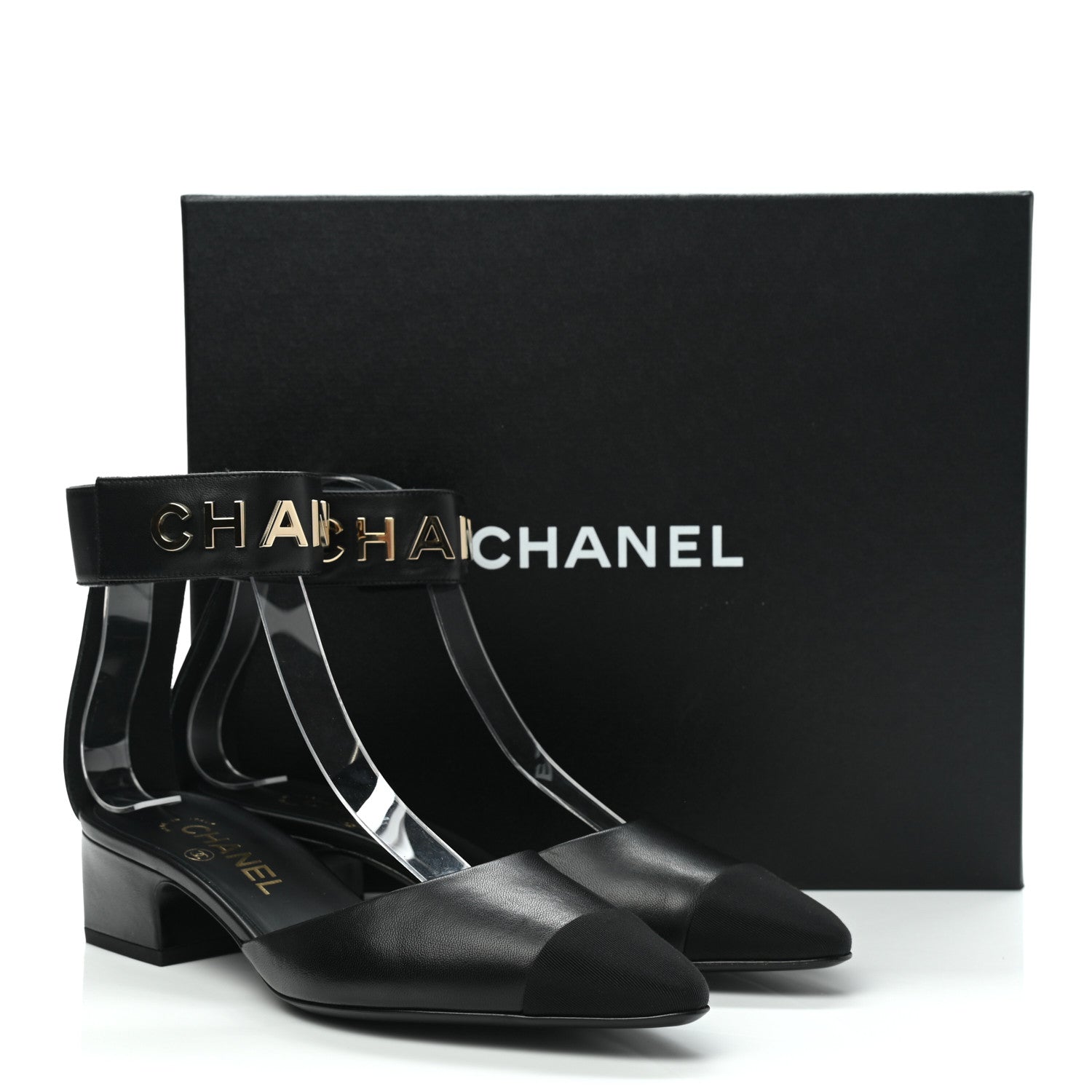 Chanel Lambskin Grosgrain Cap Toe Logo Ankle Strap Pumps 38 Black 9 of 9