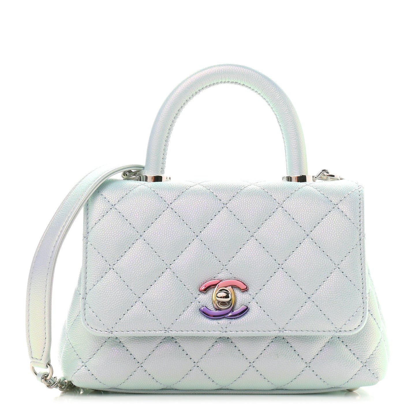 Iridescent Caviar Quilted Extra Mini Coco Handle Flap Light Blue