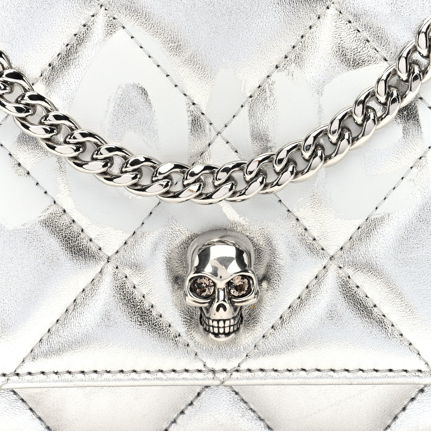 Alexander McQueen Metallic Calfskin Quilted Graffiti Skull Small Chain Crossbody Bag Silver 7 of 9