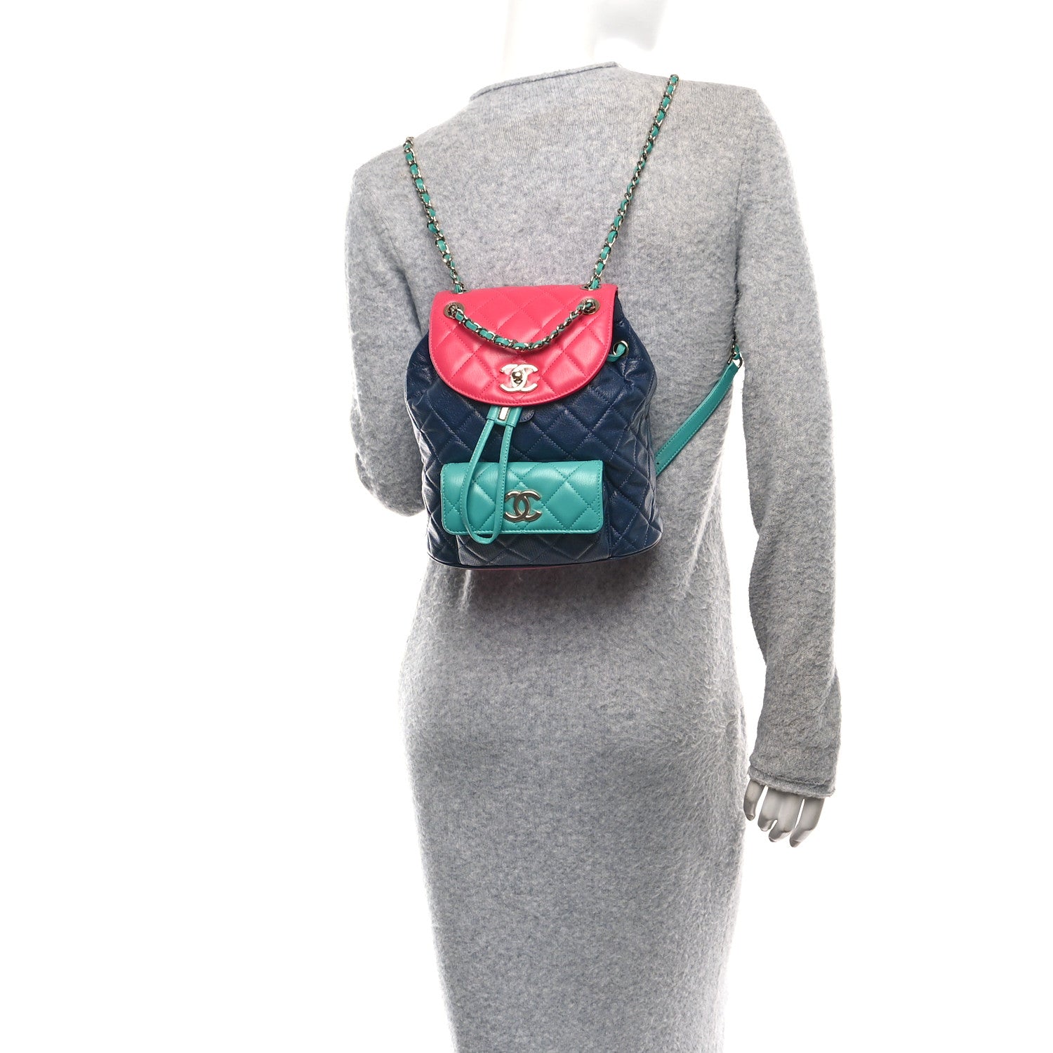 Chanel Goatskin Quilted Duma Drawstring Backpack Navy Turquoise Pink 2 of 10