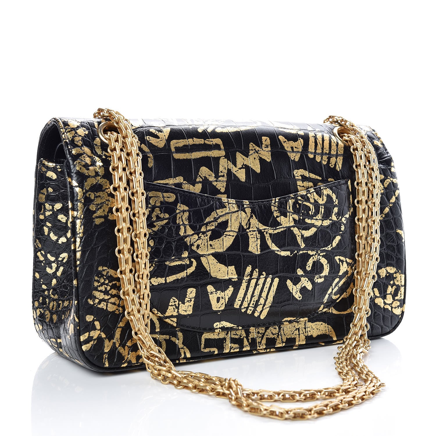 Chanel Calfskin Crocodile Embossed Graffiti 2.55 Cocodile Reissue 225 Flap Black Gold 3 of 9