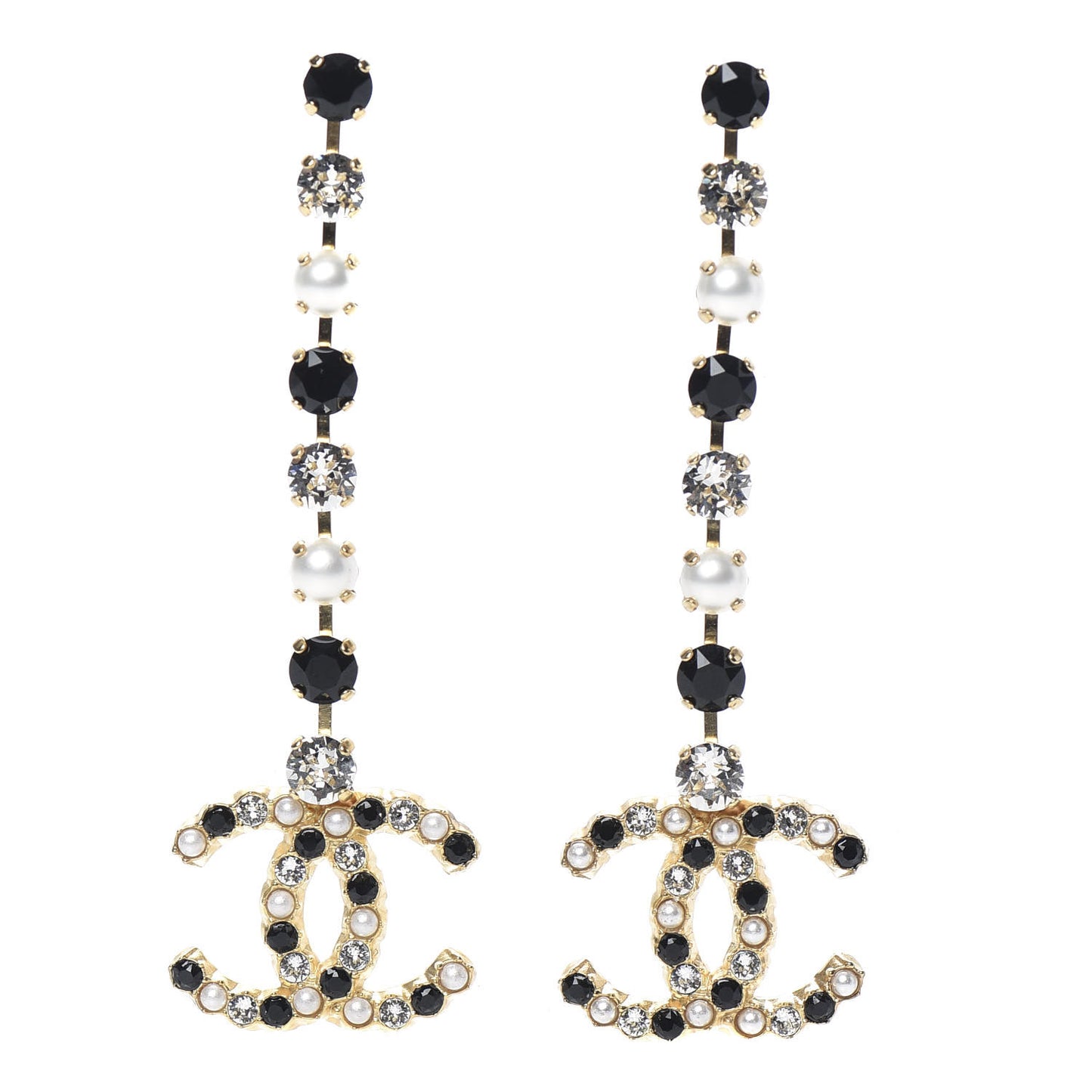 Resin Crystal Pearl CC Long Drop Earrings Gold Black