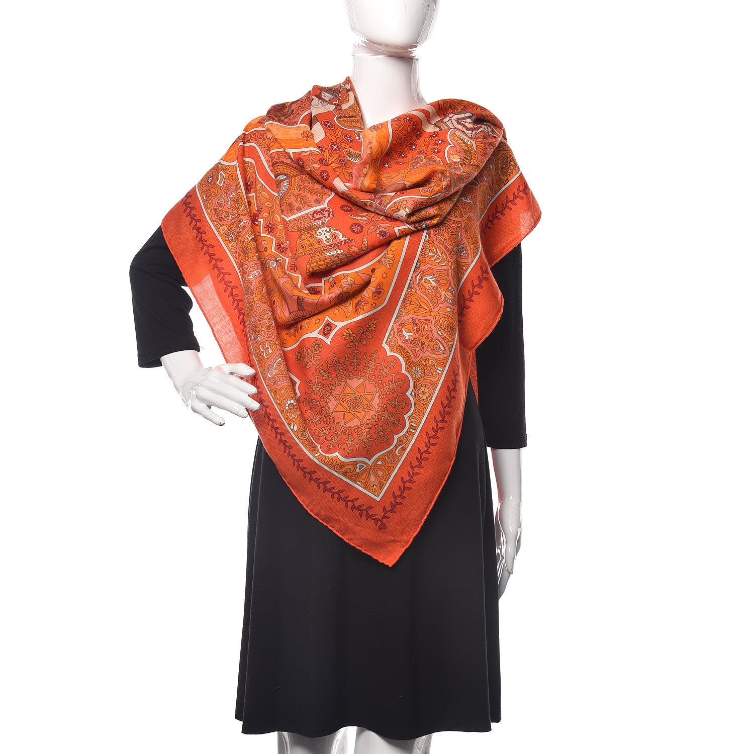 Hermes Cashmere Silk Aux Portes du Palais Shawl 140 Capucine Orange Corail 2 of 4