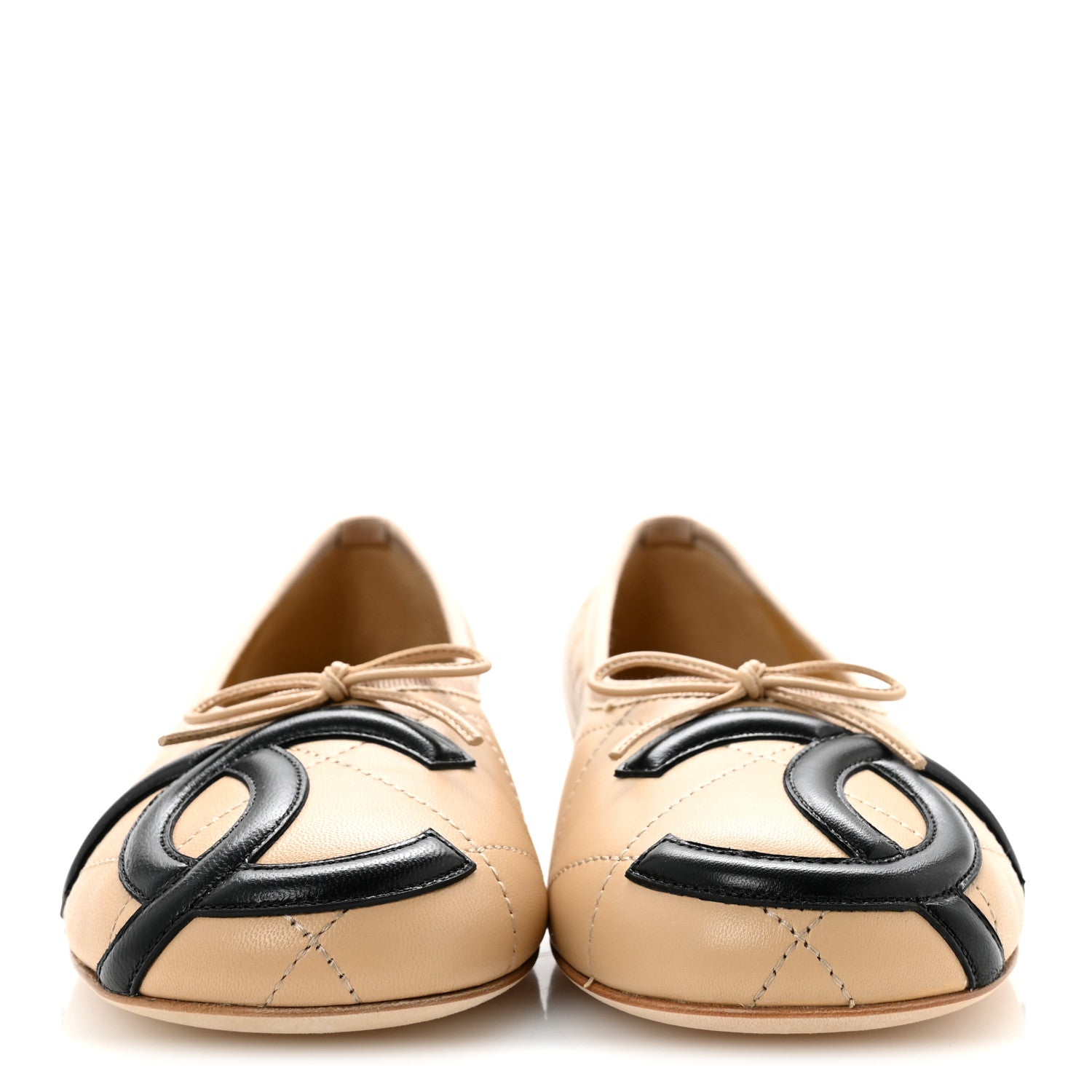 Chanel Lambskin Quilted CC Cambon Ballet Flats 38 Beige Black 3 of 10