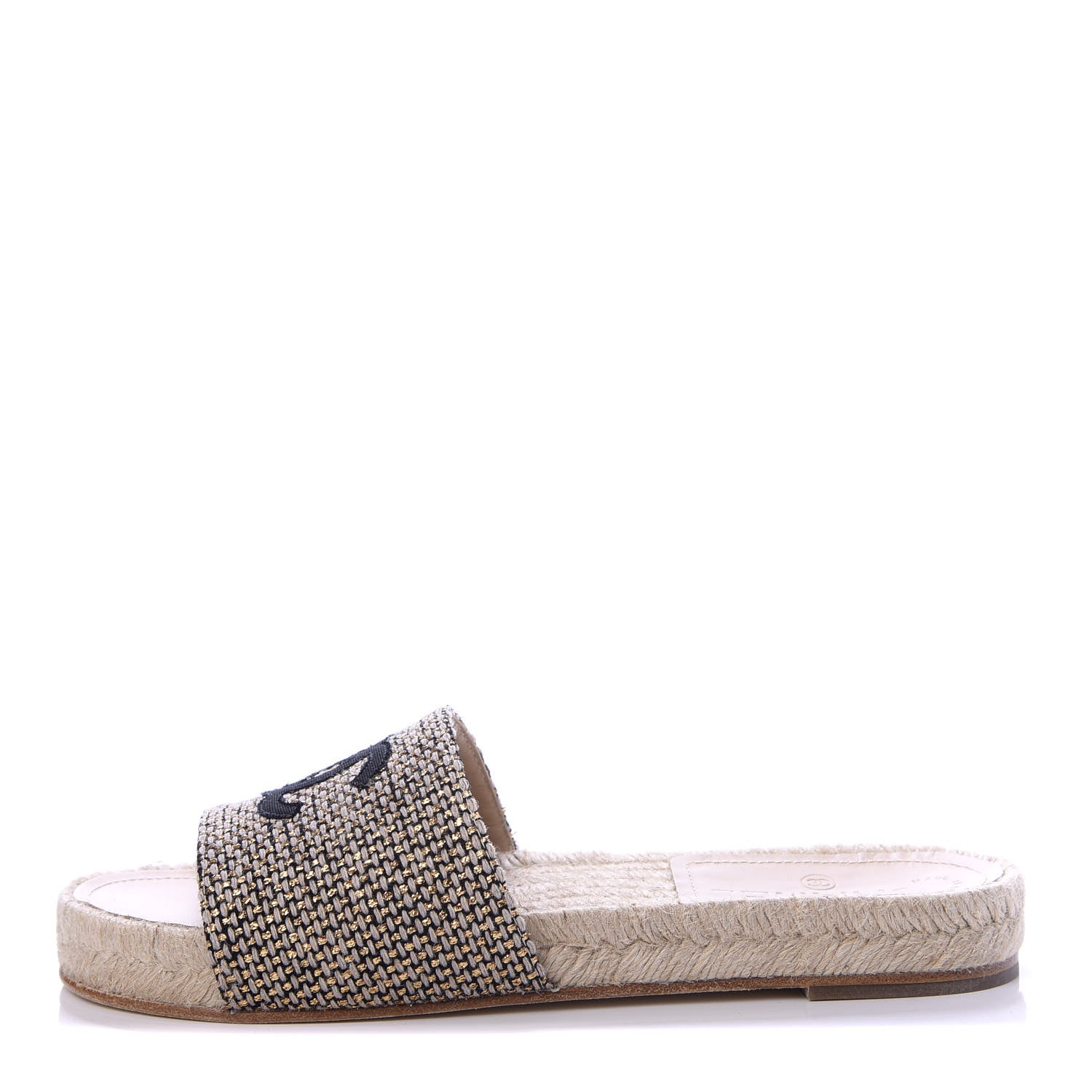 Chanel Metallic Tweed CC Espadrille Slip On Sandals 37 Beige Black 1 of 10