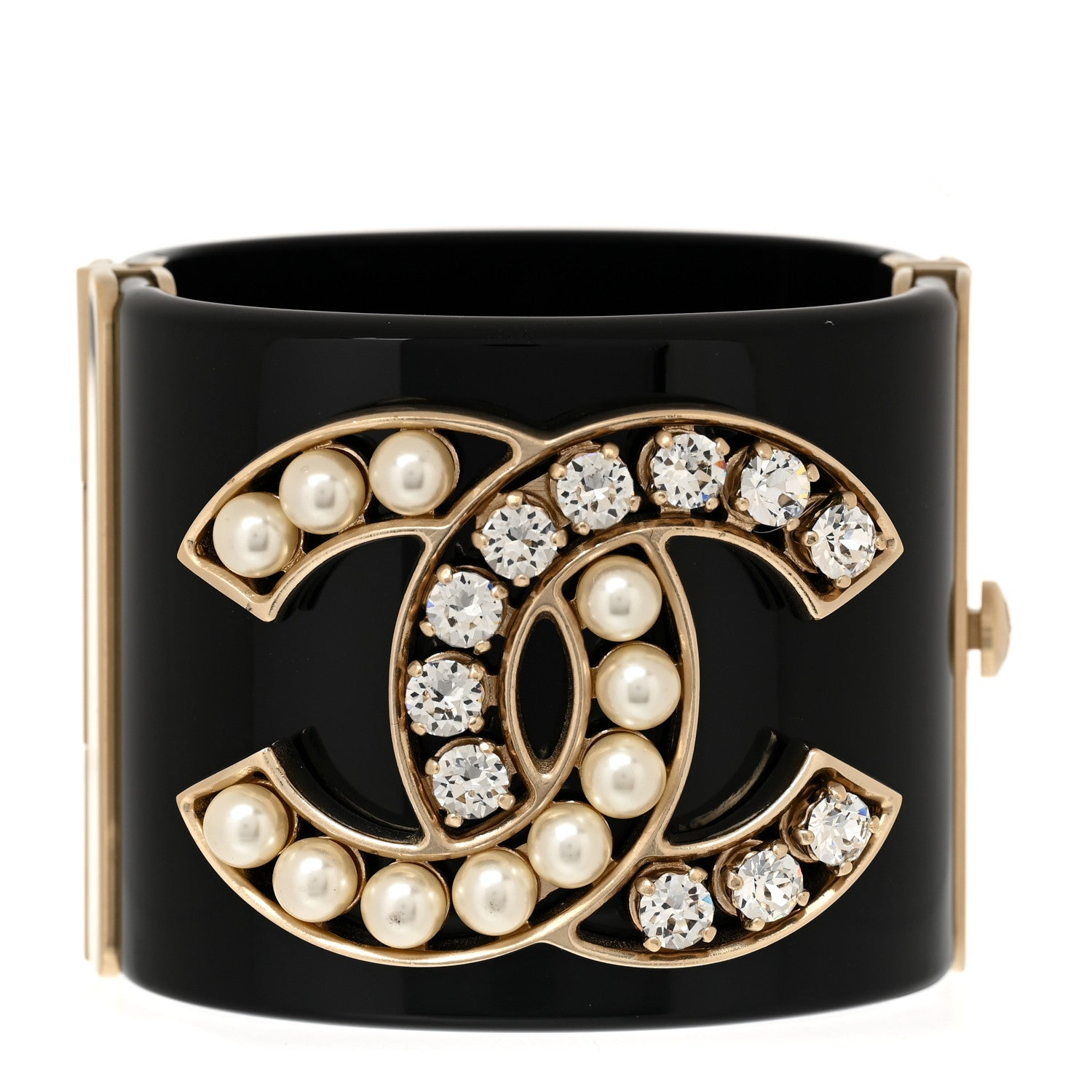 Chanel Resin Crystal Pearl CC Cuff Black 1 of 6