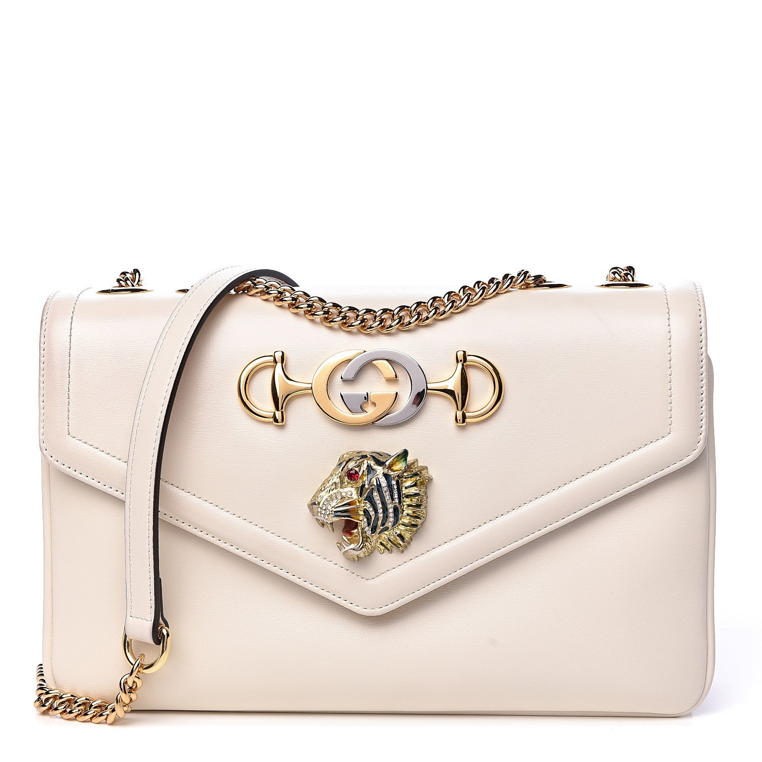 Gucci Vitello Palmellato Lux Crystal Medium Rajah Shoulder Bag Mystic White Multicolor 1 of 13