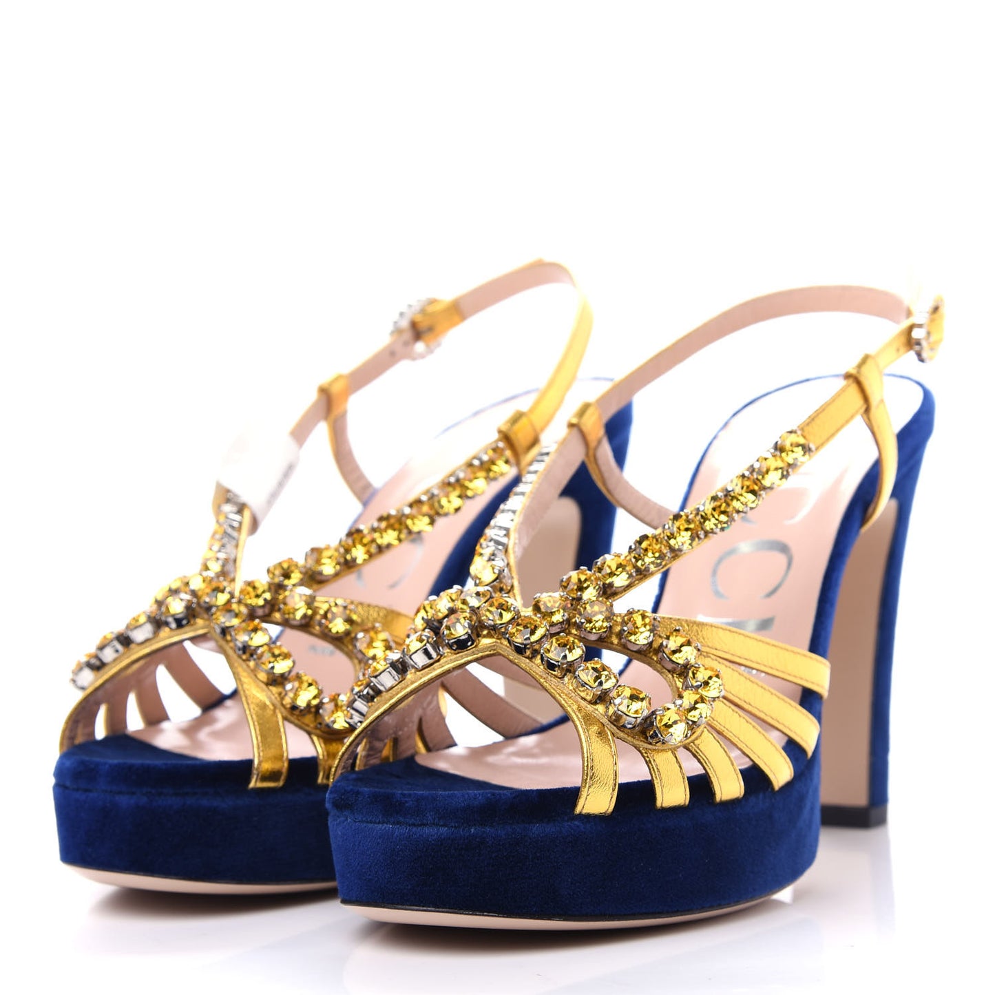 Velvet Nappa Crystal Zephyra Slingback Platform High Heel Sandals 36 Blue Gold