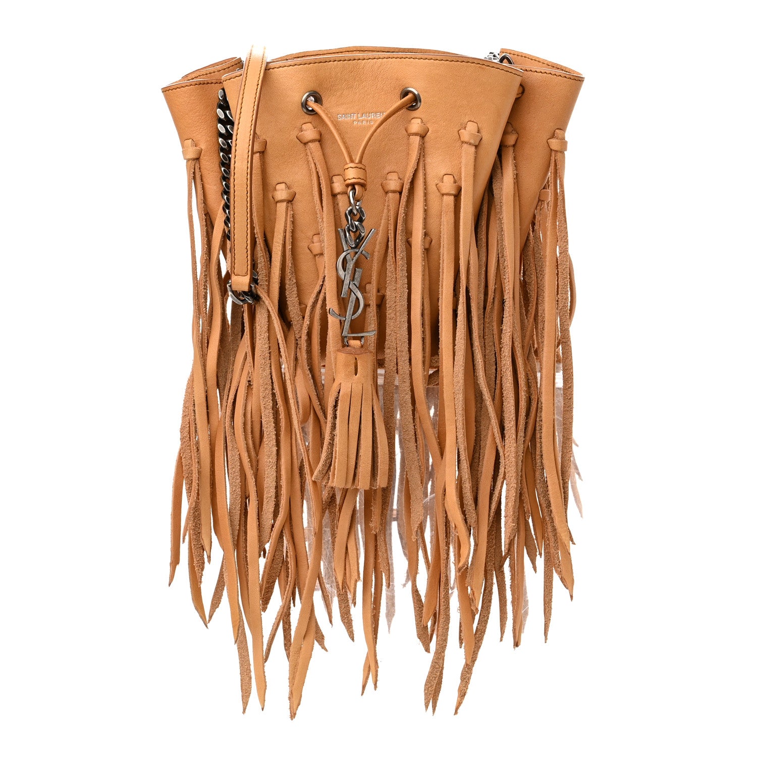 Saint Laurent Calfskin Fringe Monogram Mini Bourse Bucket Bag Tan 1 of 10