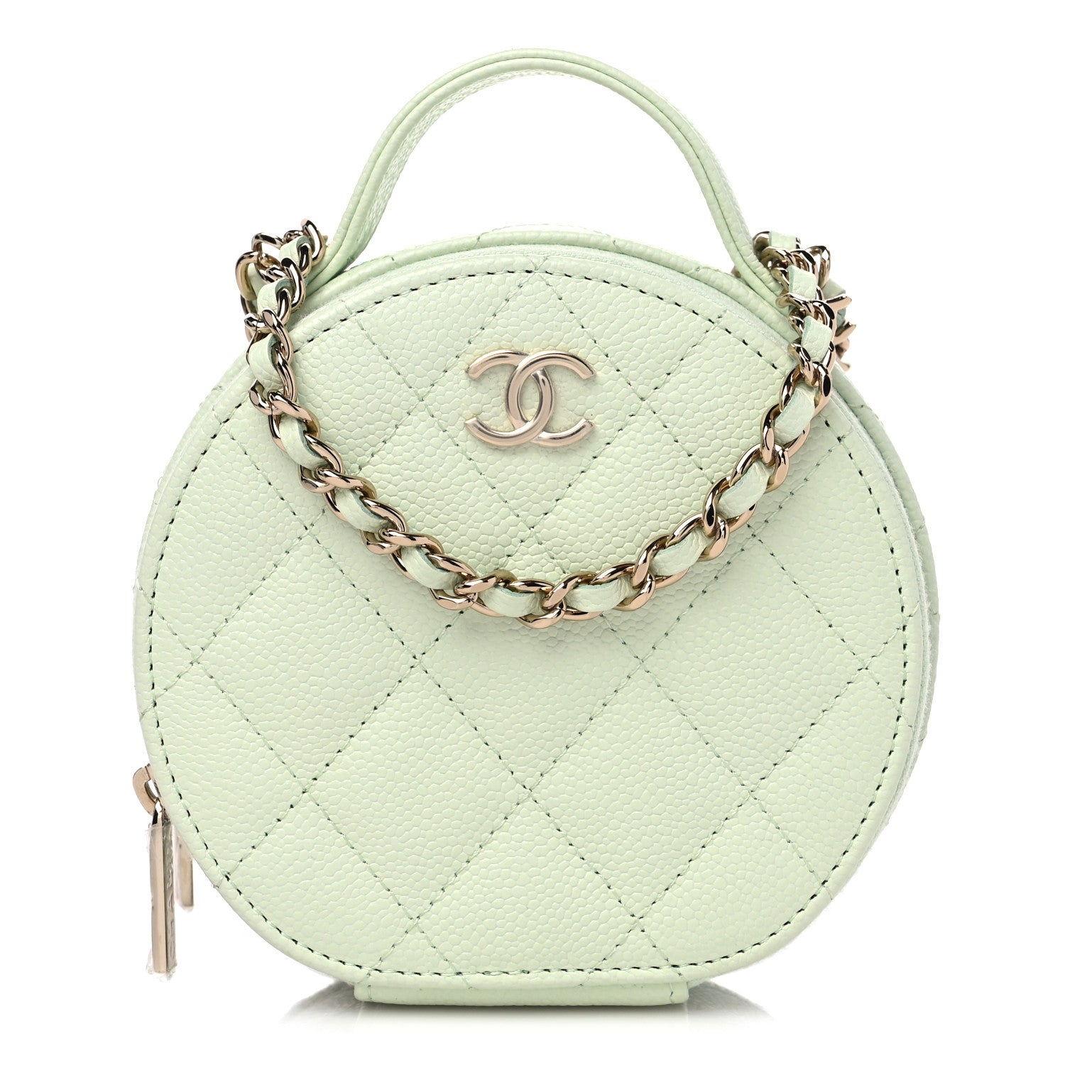 image of CHANEL Caviar Quilted Round Handle With Care Vanity With Chain in the color Light Green by FASHIONPHILE