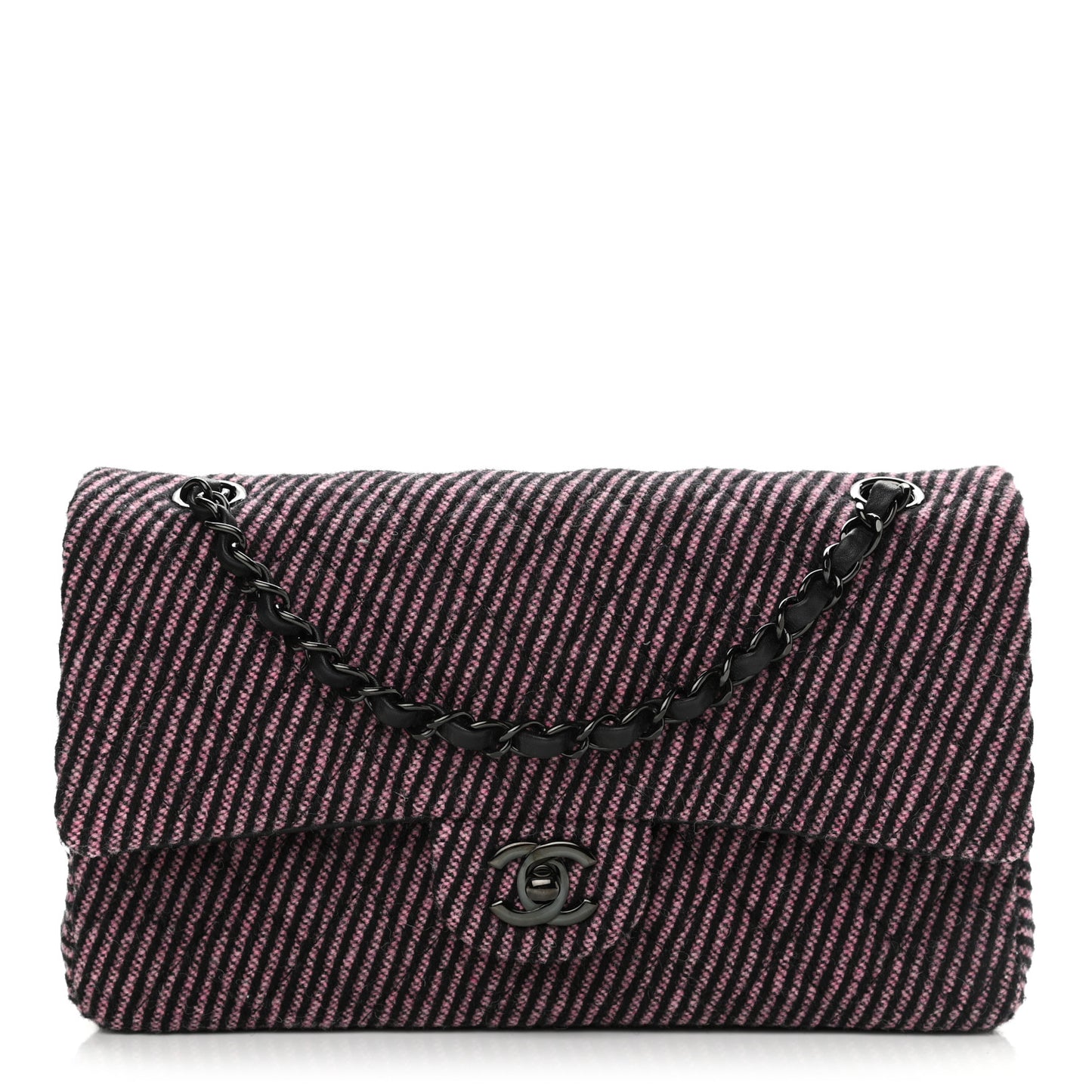 Wool Tweed Quilted Medium Double Flap Pink Black