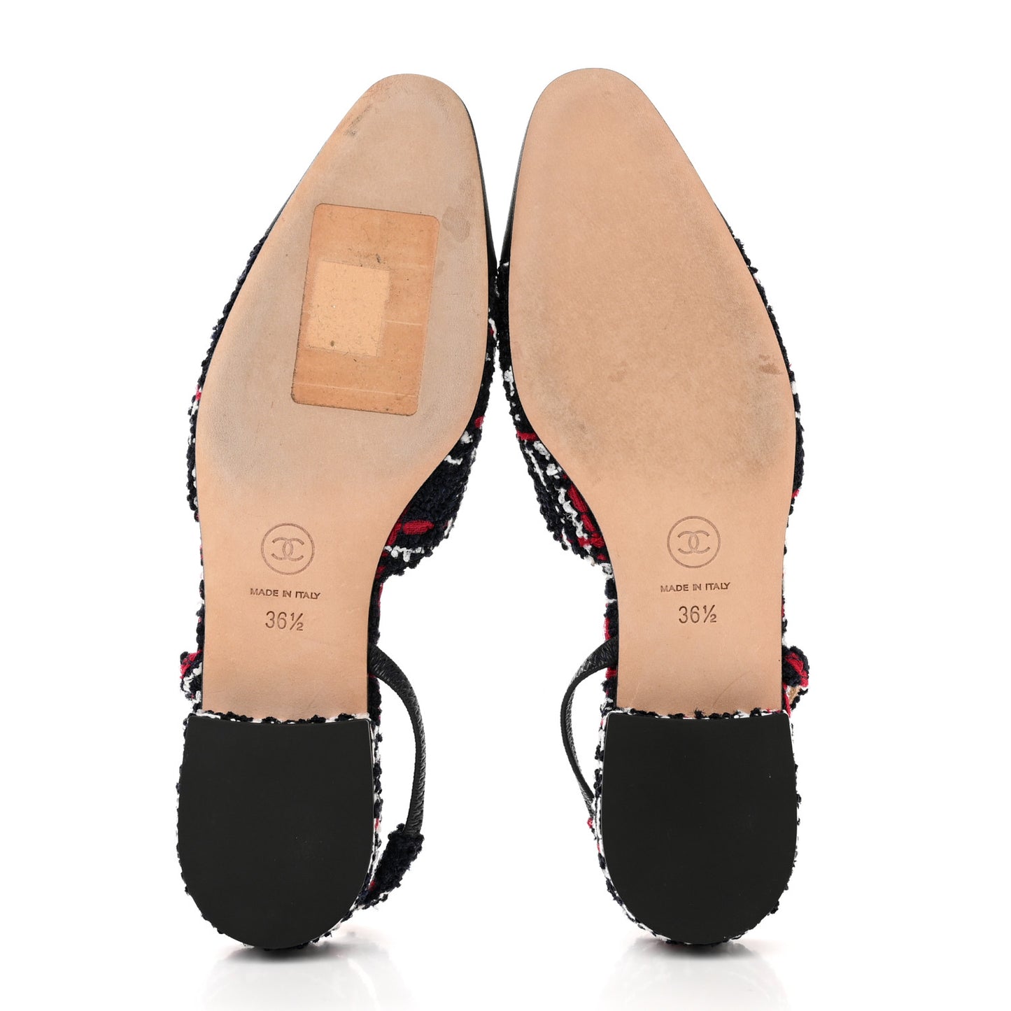 Tweed Grosgrain Cap Toe CC Slingback Flats 36.5 Navy Red White