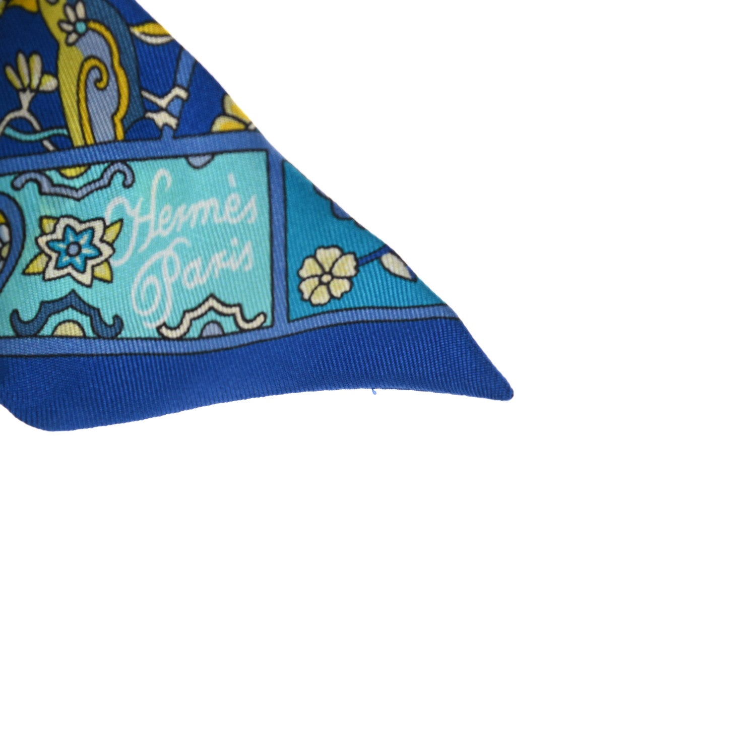 Hermes Silk Au Pays Des Oiseaux Fleurs Twilly Bleu Dur Jaune Vif Turquosie 7 of 8