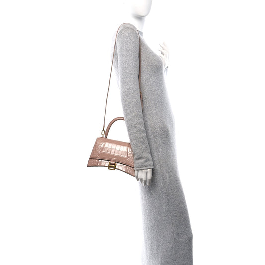 Shiny Calfskin Crocodile Embossed Small Hourglass Top Handle Bag Nude Beige
