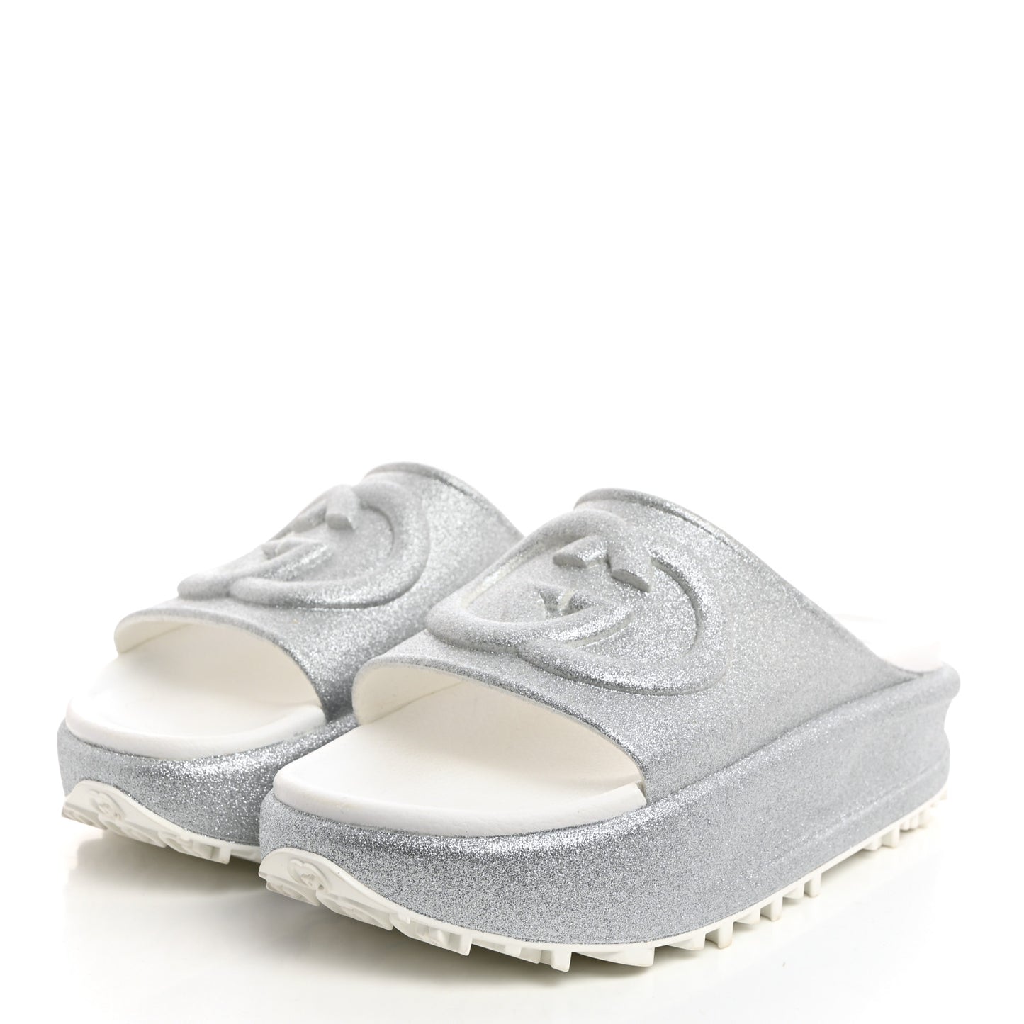 Glitter Rubber Womens Interlocking G Platform 42mm Slide Sandals 39 Silver