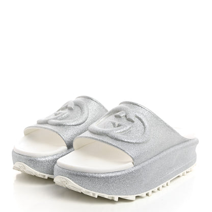 Gucci Glitter Rubber Womens Interlocking G Platform 42mm Slide Sandals 39 Silver 3 of 9