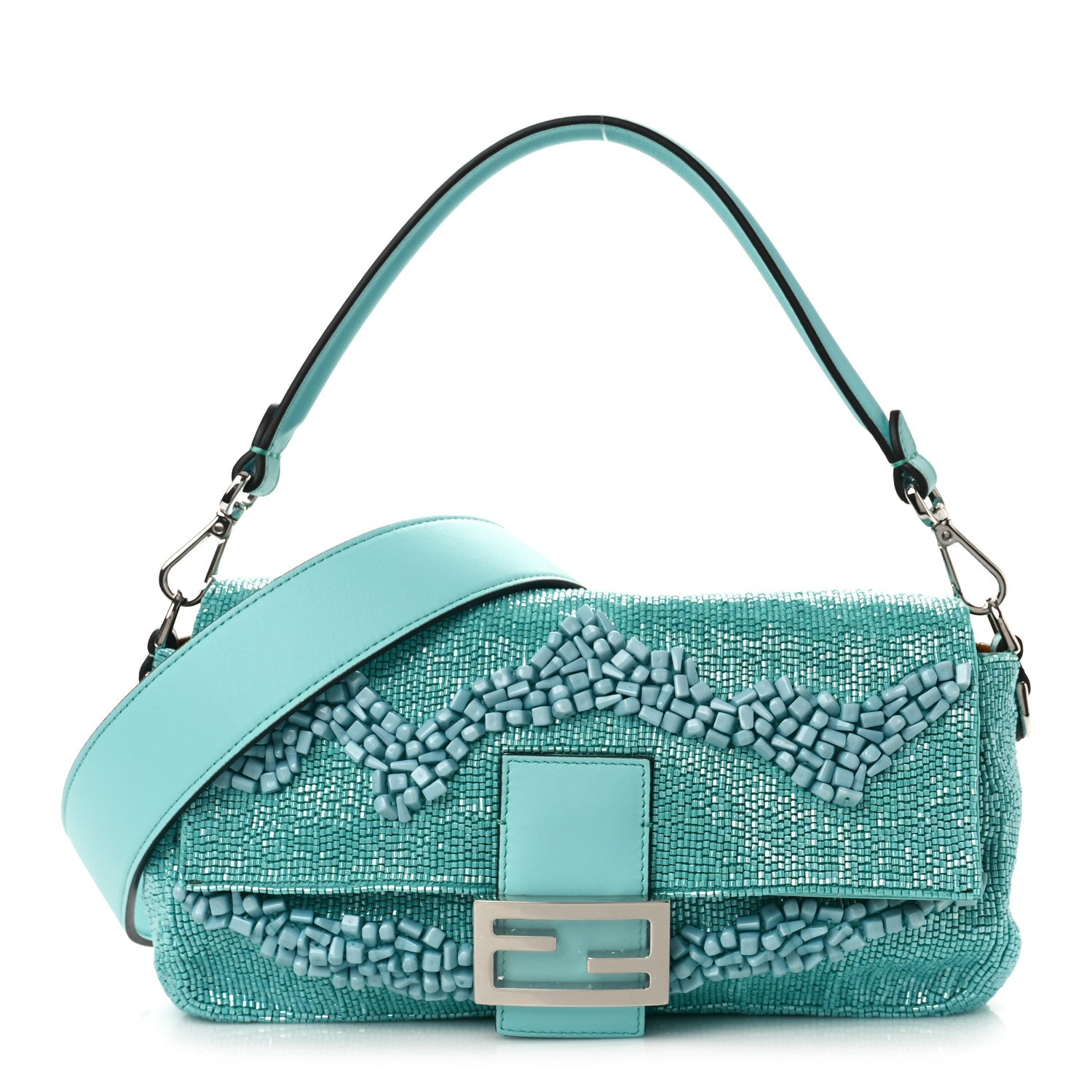 Fendi Rolling Stone Vitello Seta Bead Embroidered Re-Edition Baguette Spring Turquoise 1 of 9