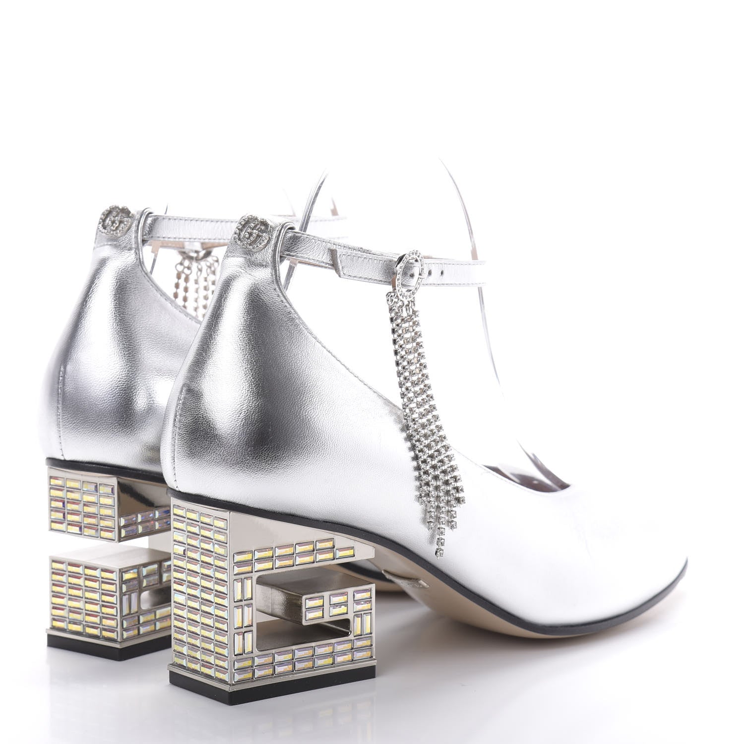 Gucci Metallic Nappa Crystal Square G Mid Heel Pumps 38 Silver 4 of 12