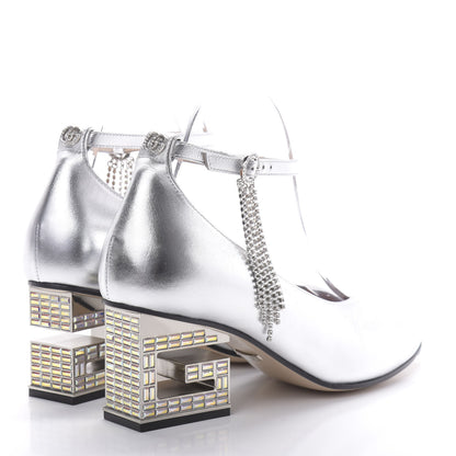 Gucci Metallic Nappa Crystal Square G Mid Heel Pumps 38 Silver 4 of 12