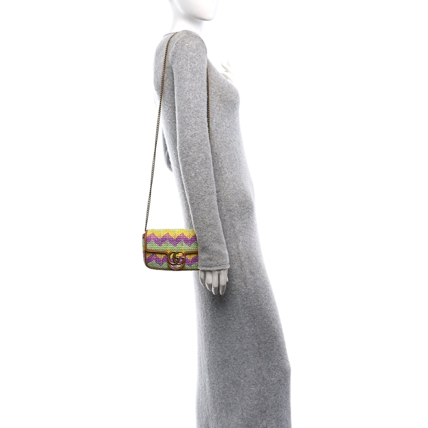 Woven Raffia Calfskin Super Mini GG Marmont Shoulder Bag Multicolor