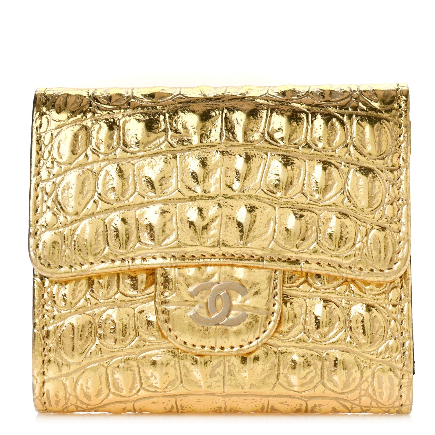 Chanel Metallic Calfskin Crocodile Embossed Cocodile Compact Flap Wallet Gold 1 of 10