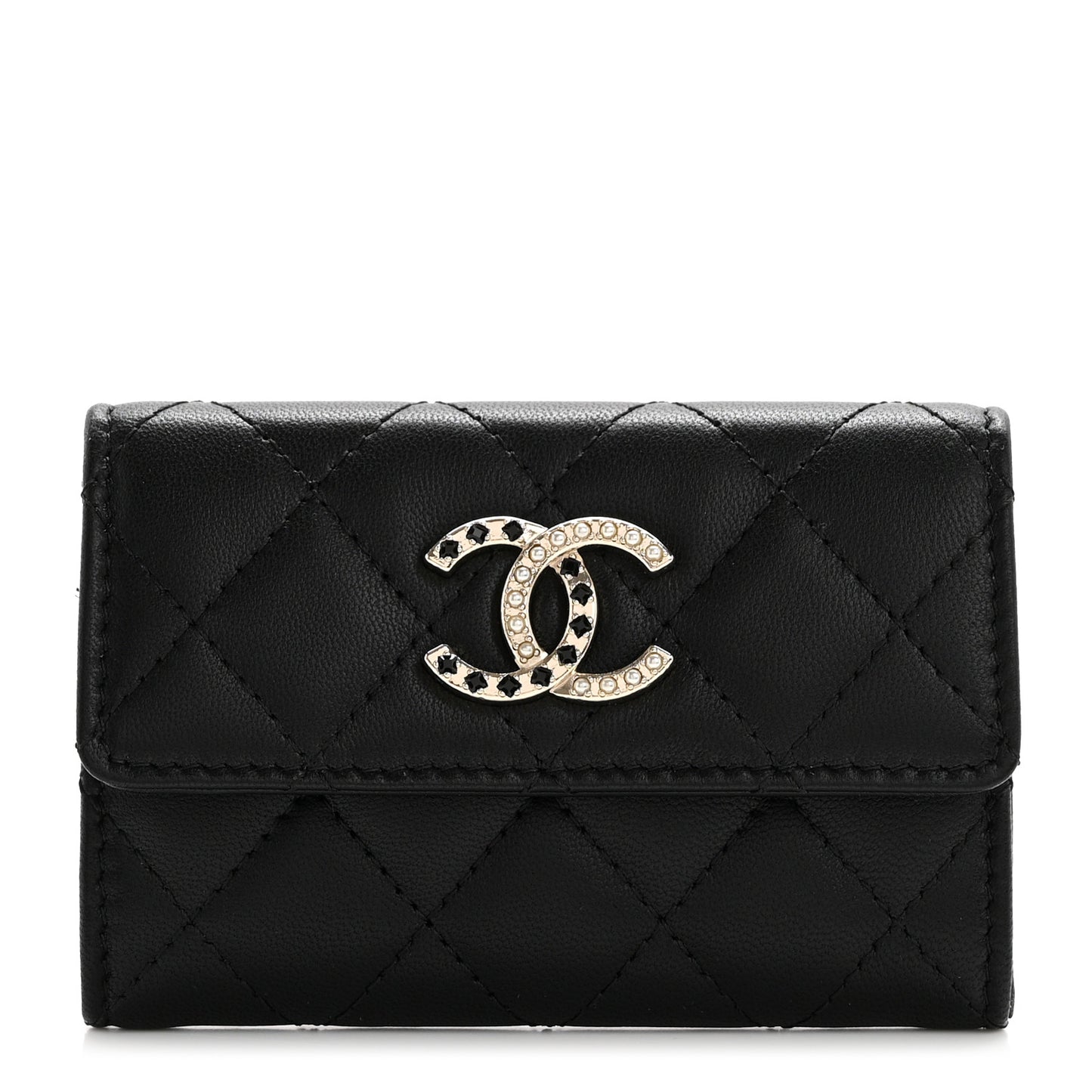 Lambskin Pearl Enamel Quilted Flap Card Holder Black