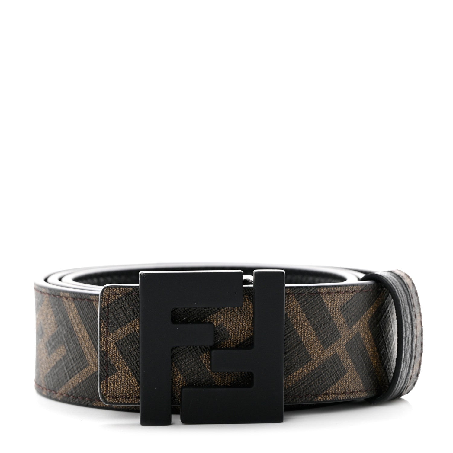 Fendi Cuoio Romano Glazed Fabric Enamel FF 1974 Reversible Belt 85 34 Black Tobacco 1 of 9