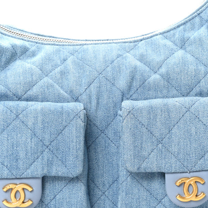 Chanel Washed Denim Quilted Large Trendy Pockets Hobo Blue 8 of 10