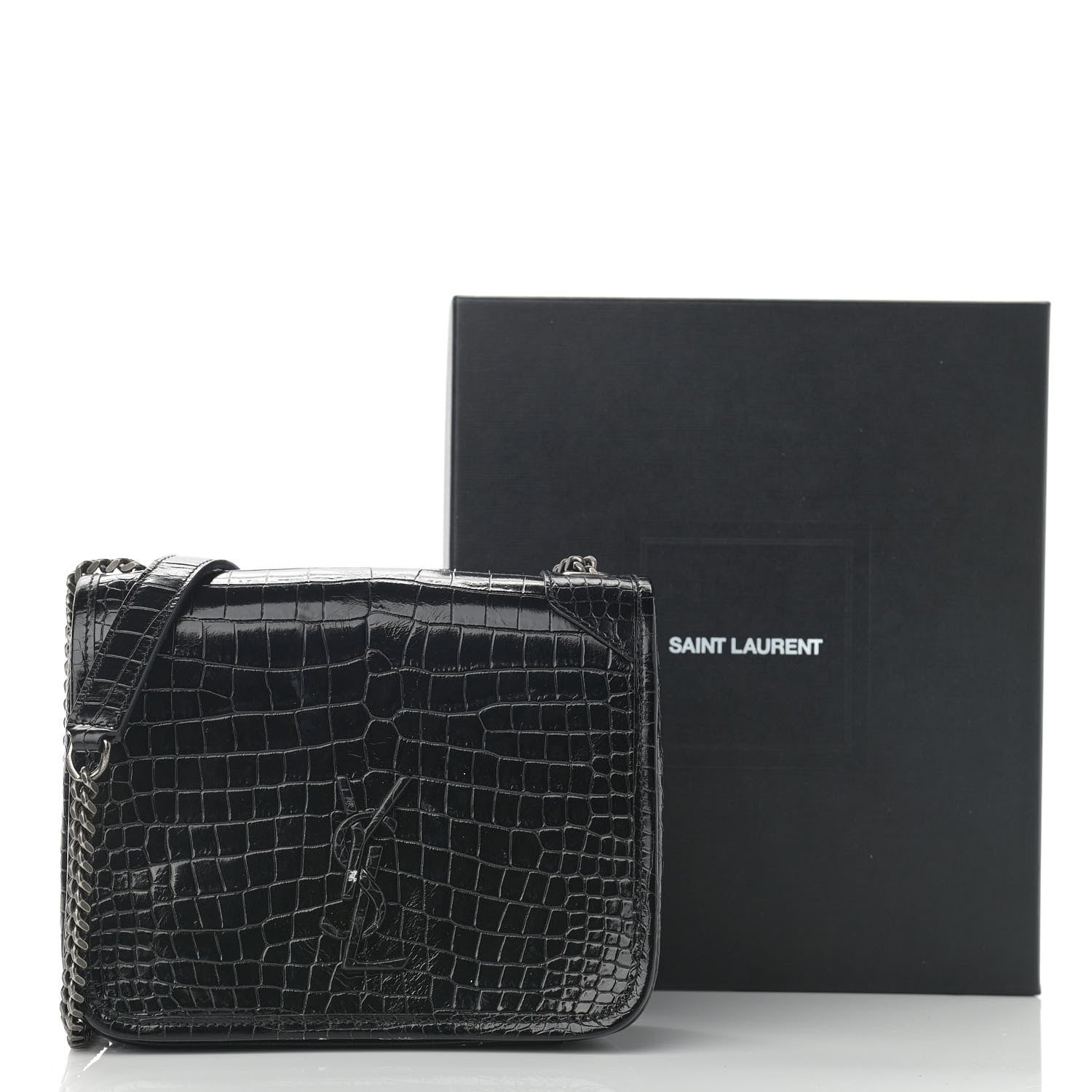 Saint Laurent Crocodile Embossed Lambskin Matelasse Monogram Niki Chain Wallet Black 14 of 14