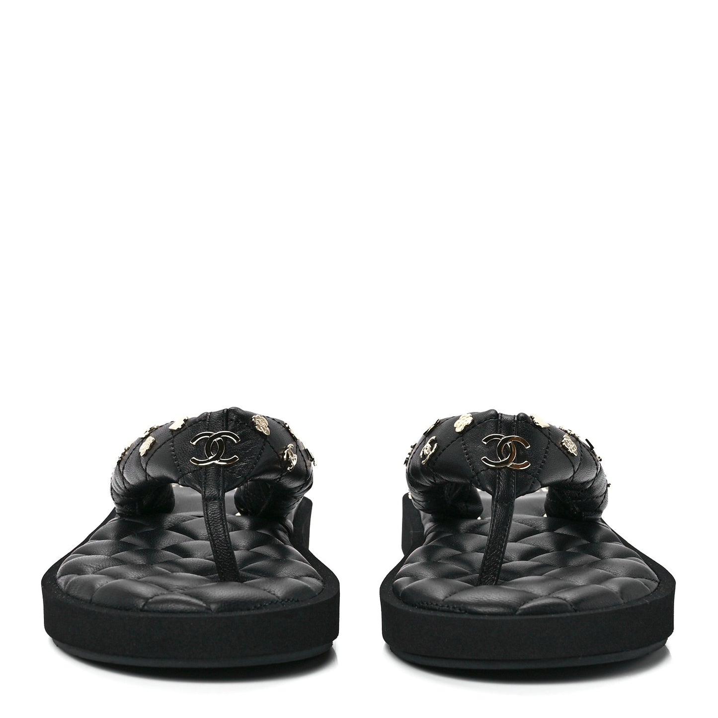Lambskin Quilted Padded Charms Thong Sandals 39.5 Black