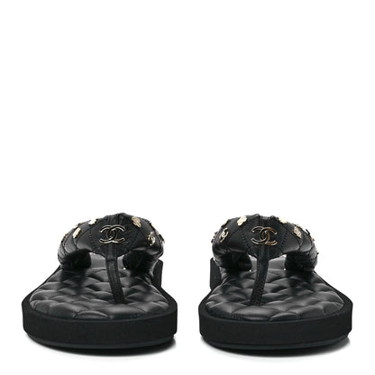 Chanel Lambskin Quilted Padded Charms Thong Sandals 39.5 Black 2 of 8