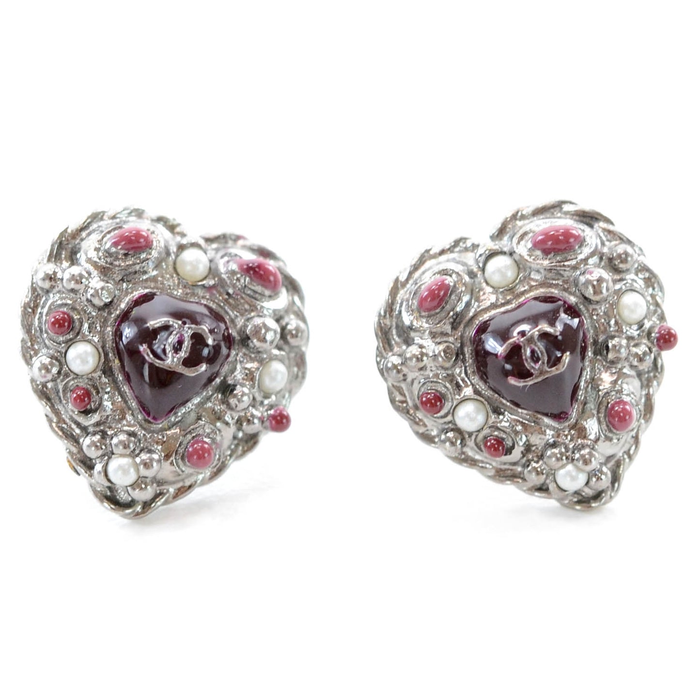 Pearl Enamel Heart CC Earrings Black Silver