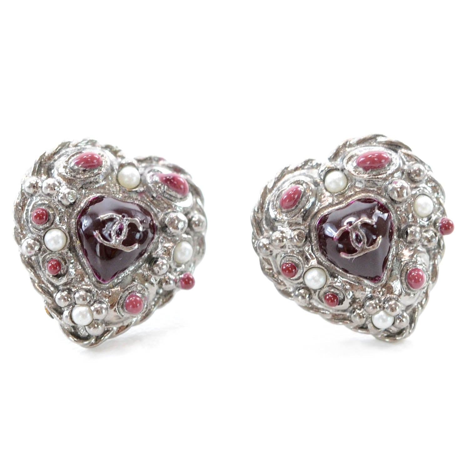 Chanel Pearl Enamel Heart CC Earrings Black Silver 1 of 5