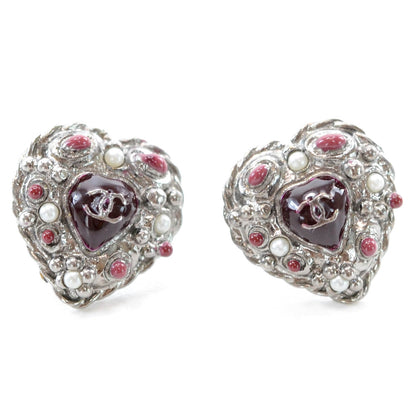 Chanel Pearl Enamel Heart CC Earrings Black Silver 1 of 5