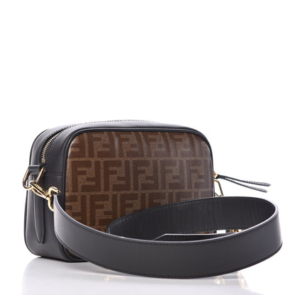 Fendi Glazed Fabric Vitello Century F is Fendi FF 1974 Stamp Patch Camera Case Mogano Panna Black 3 of 9
