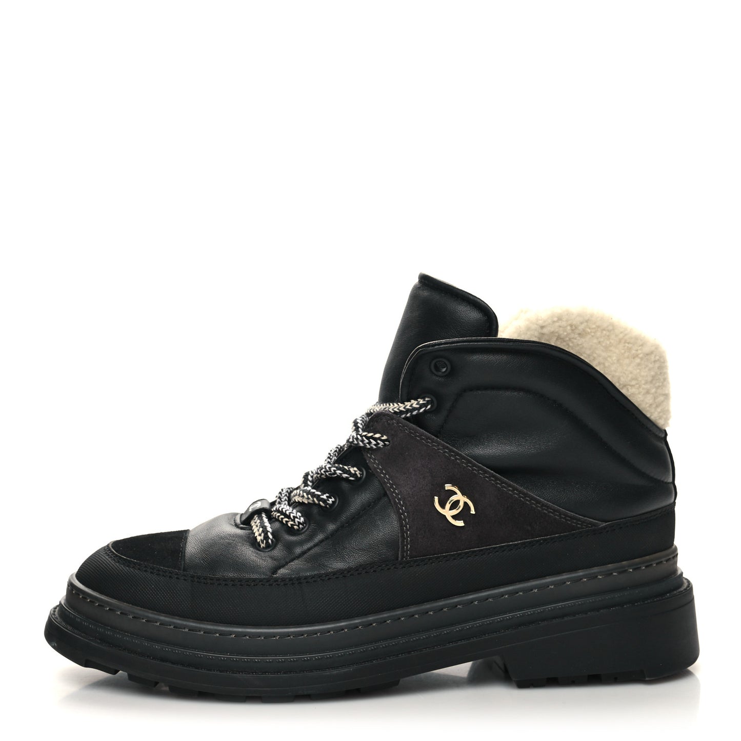 Lambskin Shearling Suede CC High Lace Up Boots 41.5 Black