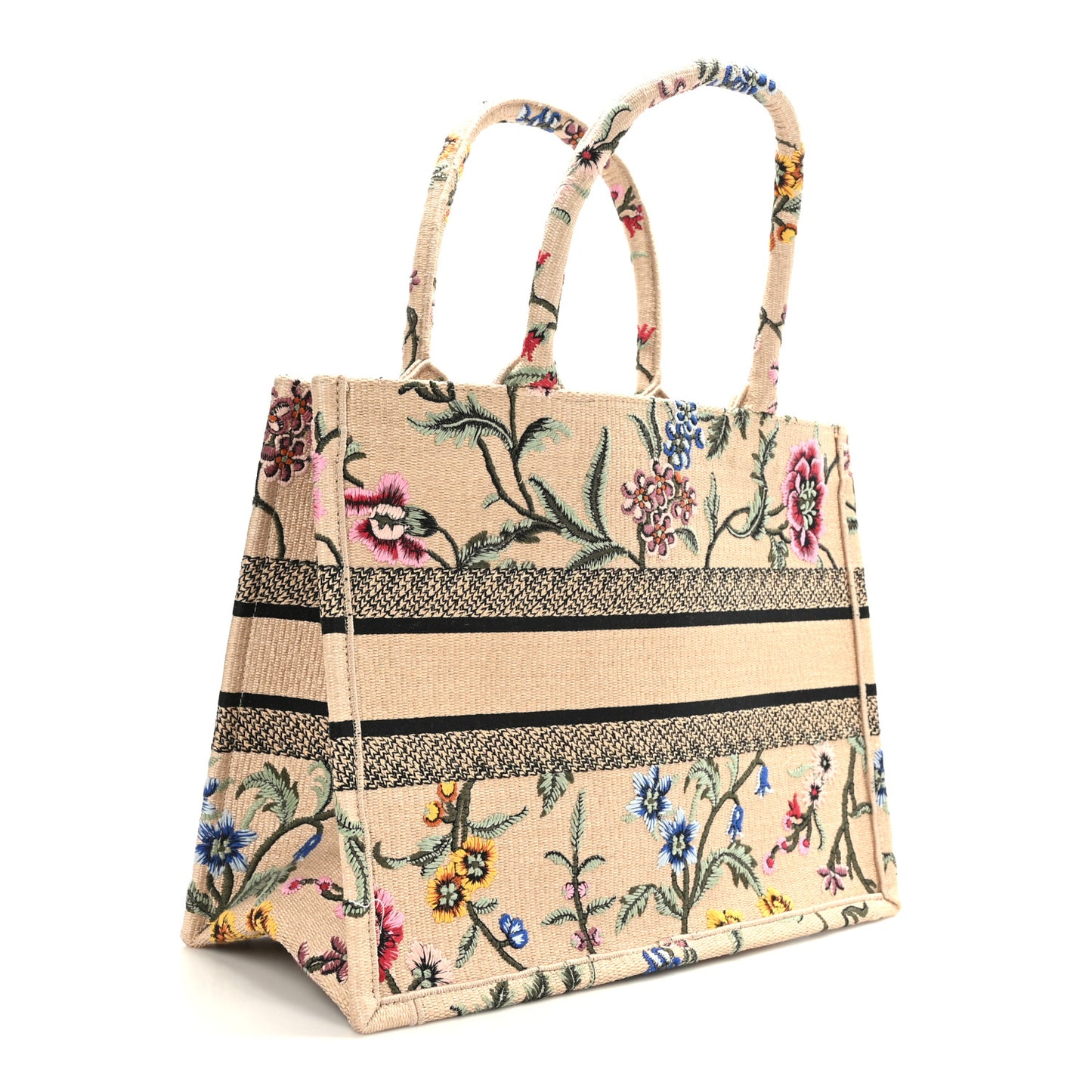 CHRISTIAN DIOR Raffia Embroidered Petites Fleurs Medium Book Tote Natural