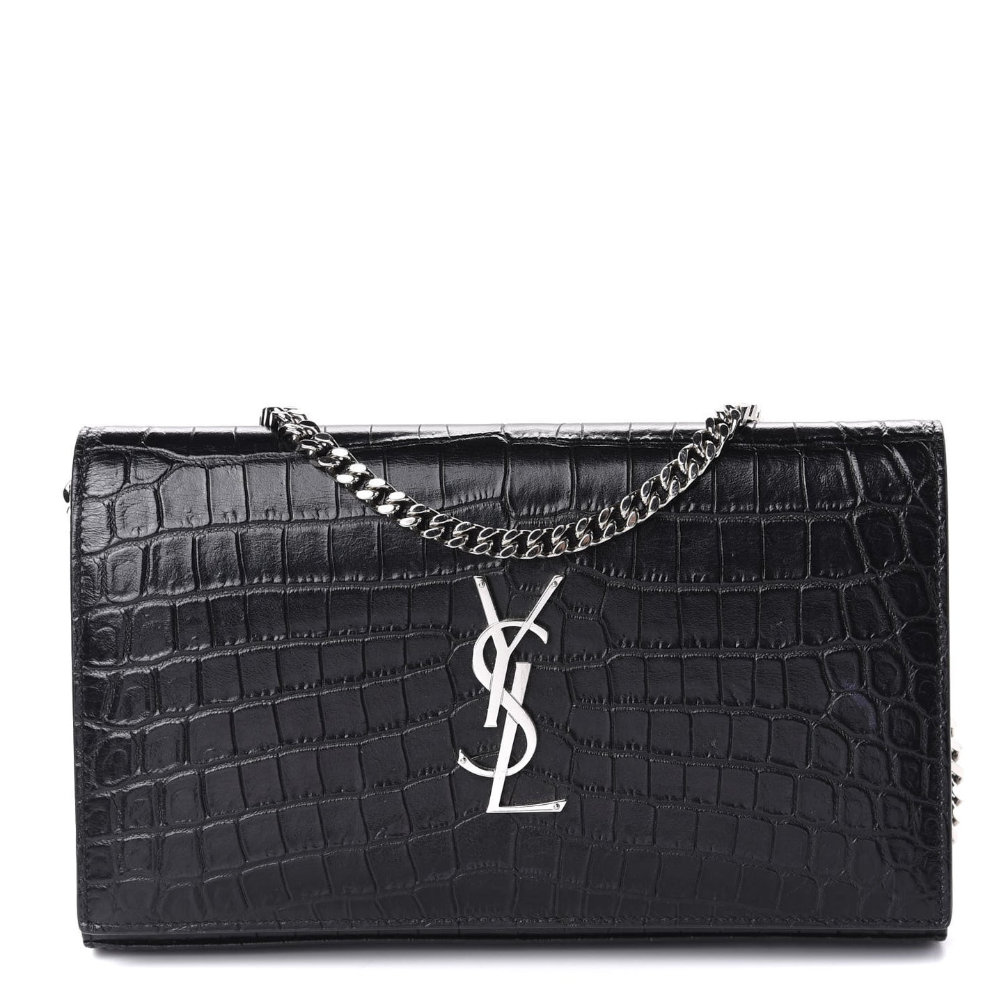 Crocodile Embossed Calfskin Monogram Chain Wallet Black
