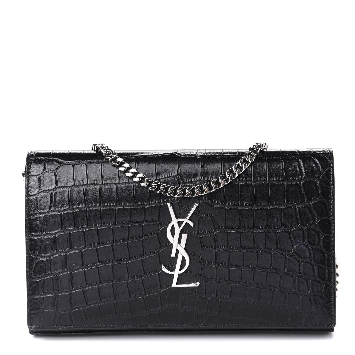 Saint Laurent Crocodile Embossed Calfskin Monogram Chain Wallet Black 1 of 10