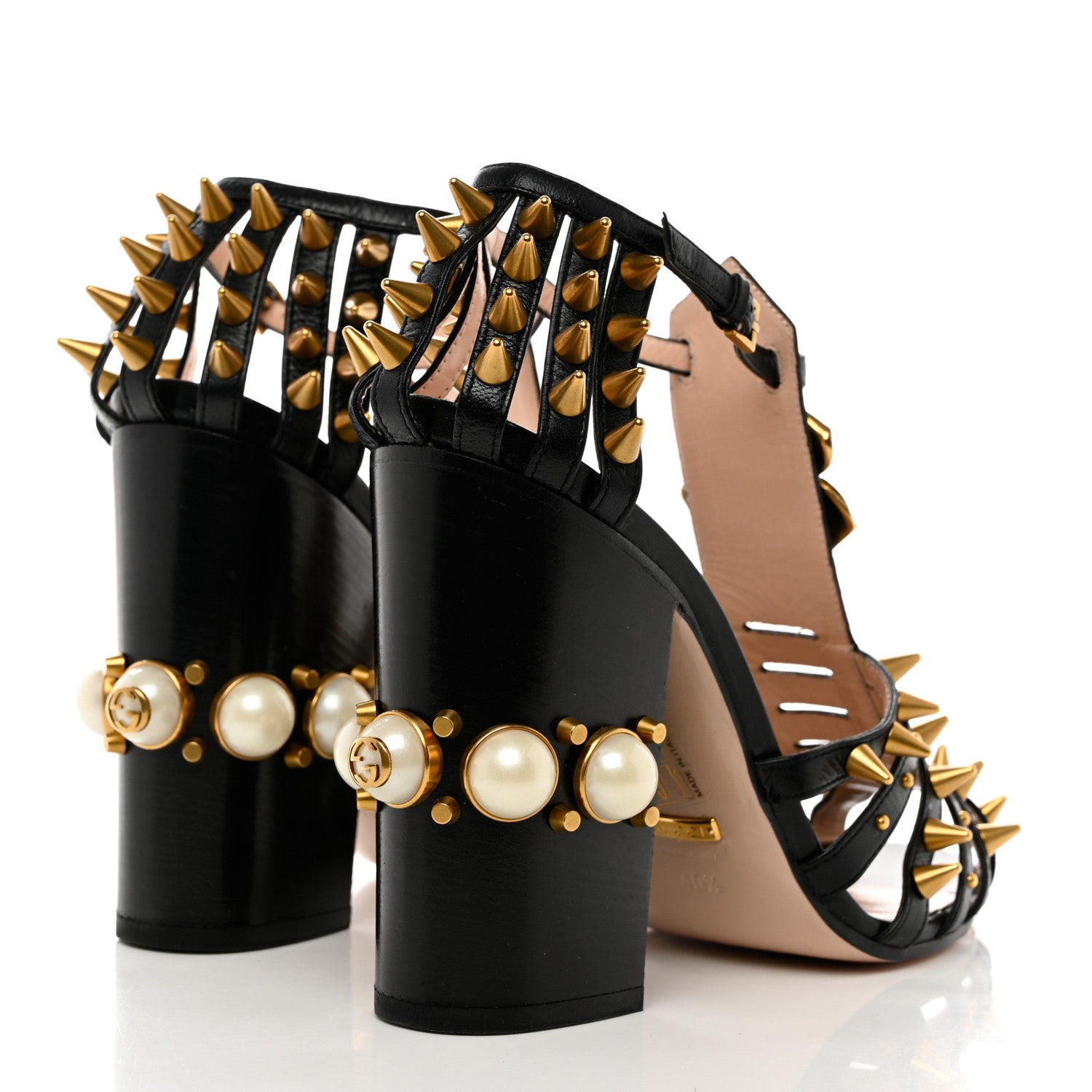 Gucci Kid Leather Studded Kendall Sandals 40.5 Black Gold 4 of 10
