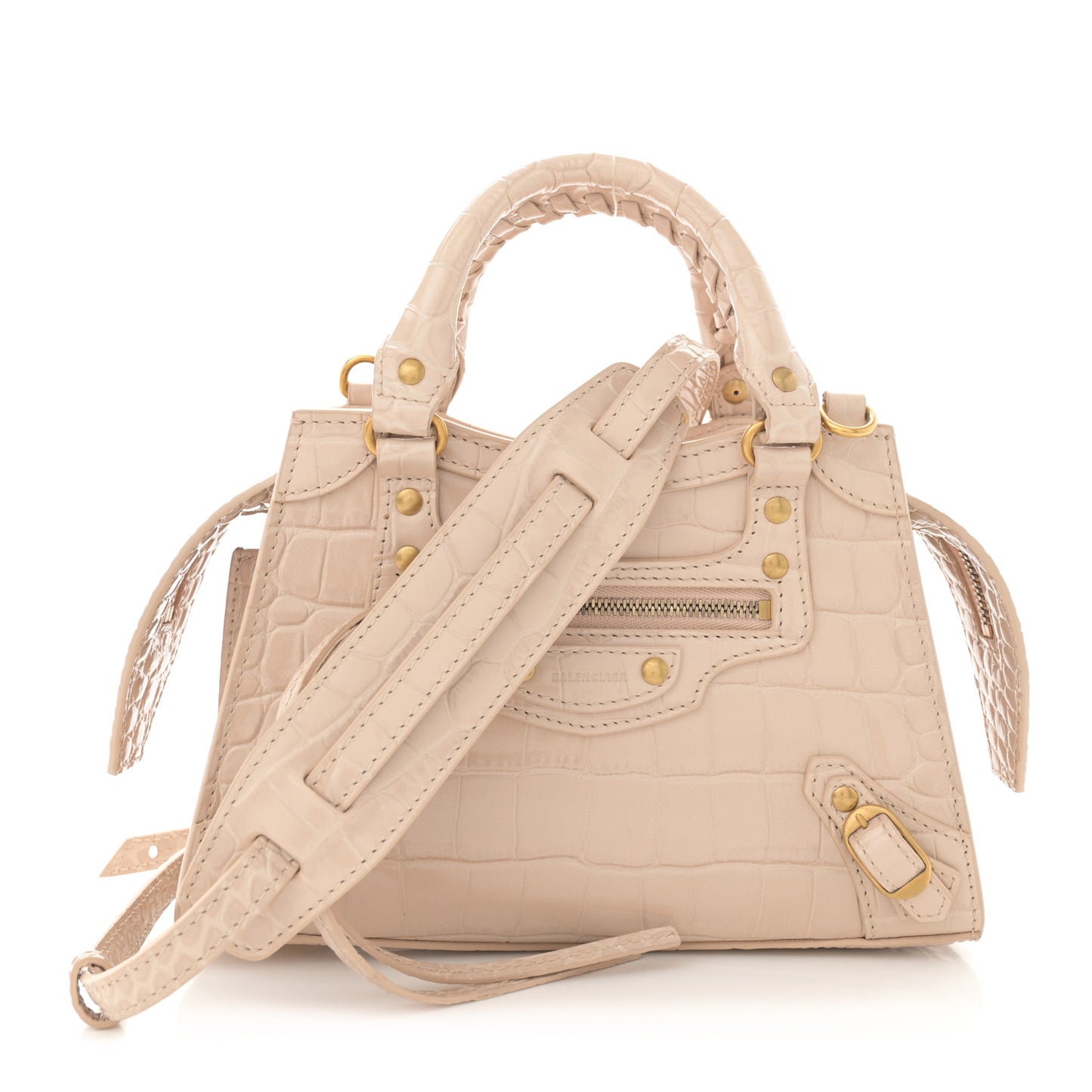 Shiny Supple Calfskin Crocodile Embossed Neo Classic Gold Hardware Mini City Light Beige
