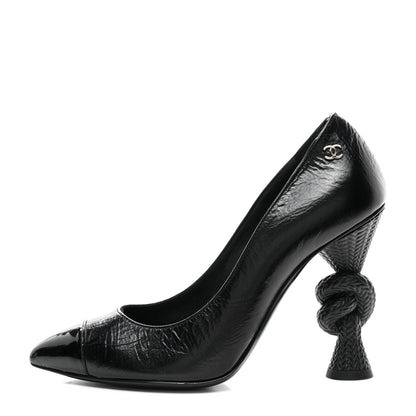 Chanel Crumpled Calfskin Knotted Heel Cap Toe Pumps 35 Black 1 of 8