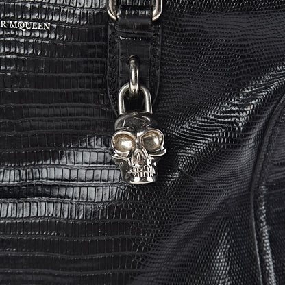 Alexander McQueen Calfskin Lizard Embossed Small Skull Padlock Zip Around Tote Black 8 of 12