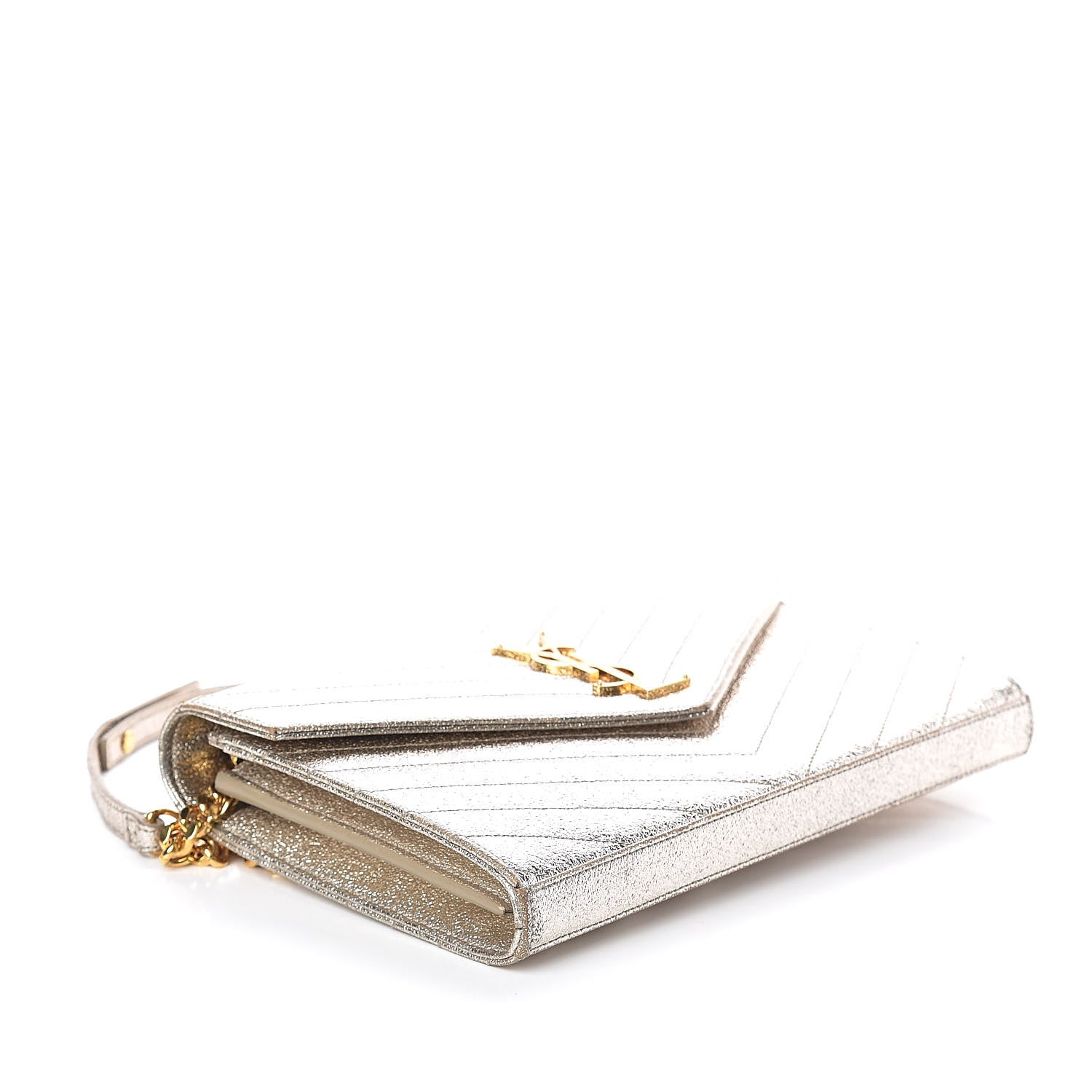 Saint Laurent Metallic Crackled Calfskin Matelasse Chevron Monogram Chain Wallet Gold 4 of 8