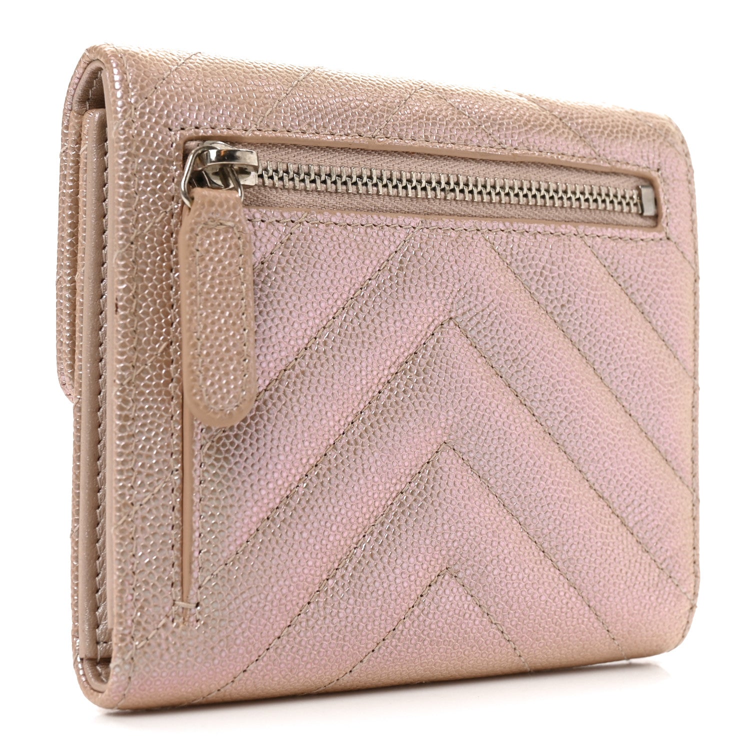 Chanel Metallic Caviar Chevron Quilted Compact Flap Wallet Light Gold 3 of 7