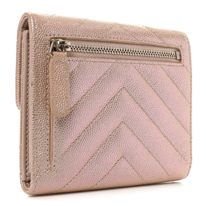 Chanel Metallic Caviar Chevron Quilted Compact Flap Wallet Light Gold 3 of 7