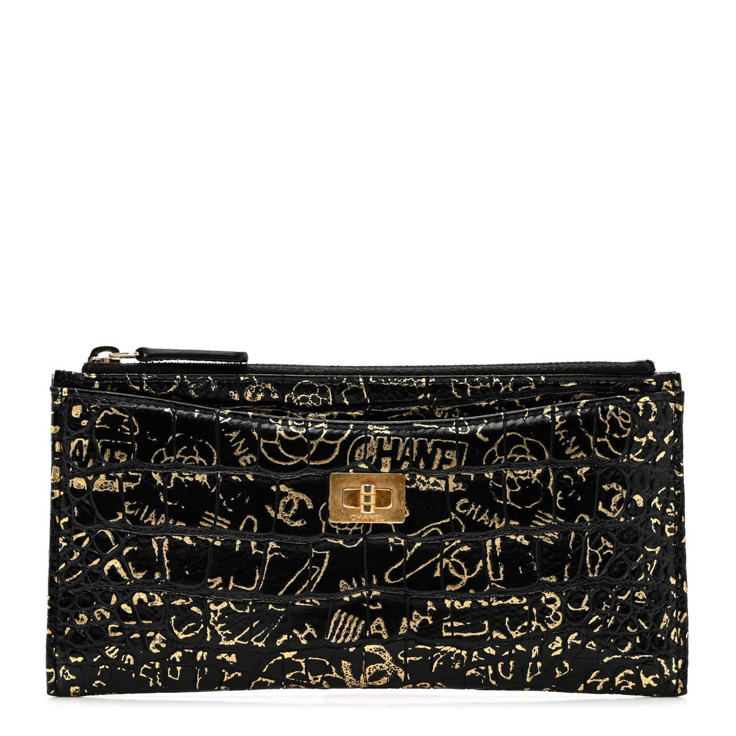 Calfskin Crocodile Embossed Graffiti 2.55 Cocodile Reissue Zip Pouch Black Gold