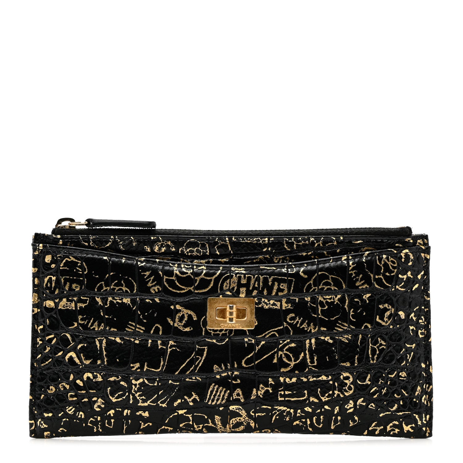 Chanel Calfskin Crocodile Embossed Graffiti 2.55 Cocodile Reissue Zip Pouch Black Gold 1 of 7
