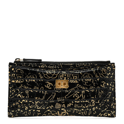 Chanel Calfskin Crocodile Embossed Graffiti 2.55 Cocodile Reissue Zip Pouch Black Gold 1 of 7
