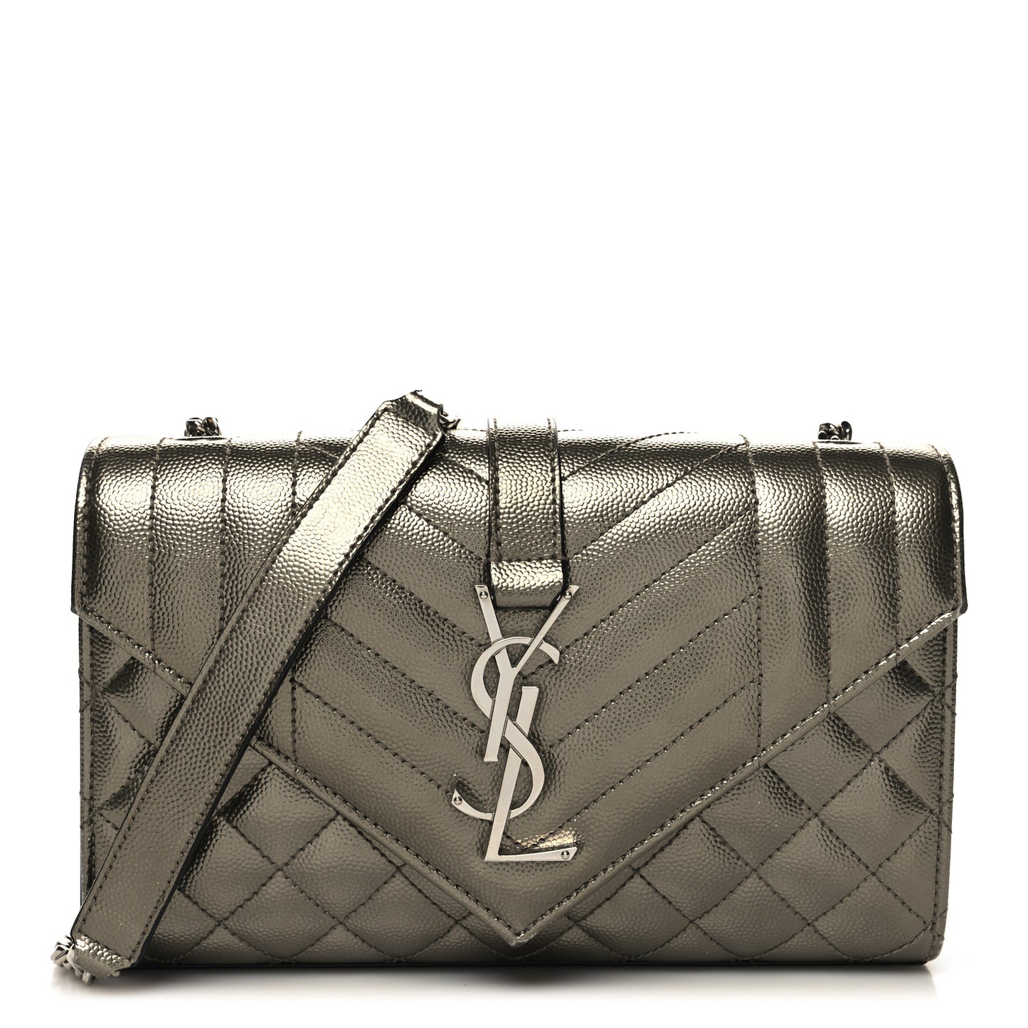 Metallic Grain De Poudre Textured Mixed Matelasse Triquilt Small Monogram Satchel Piombo